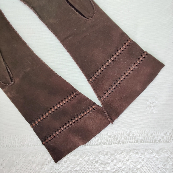 Designer Brown Suede Leather Gloves, Evening Wear New Condition Vintage - Picture 7 of 10
